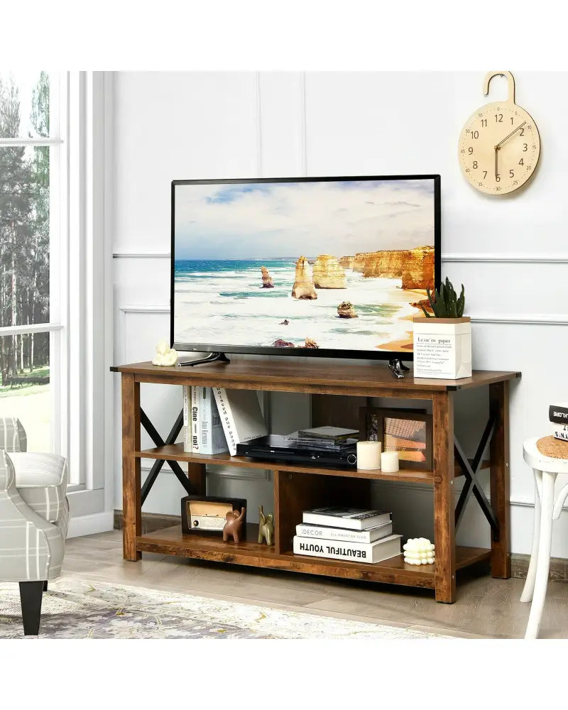 Modern Farmhouse TV Stand Entertainment Center for TV’s up to 55-Inch with Open Shelves-Brown - Brown - Entertainment