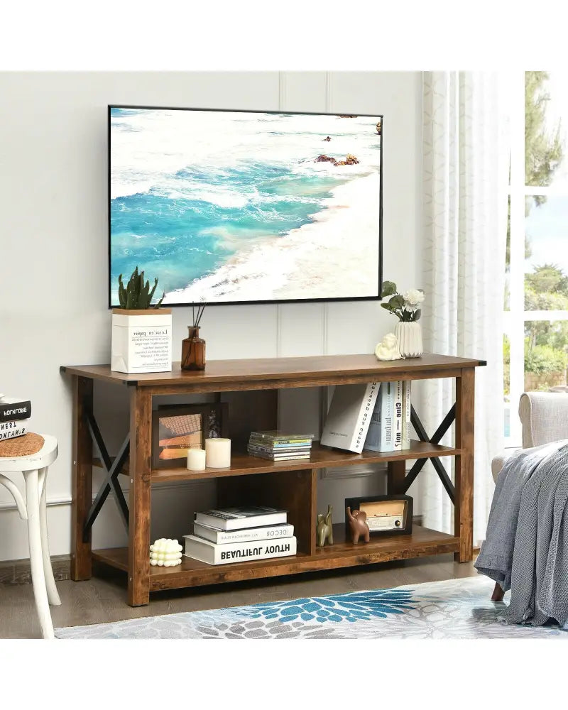 Modern Farmhouse TV Stand Entertainment Center for TV’s up to 55-Inch with Open Shelves-Brown - Brown - Entertainment
