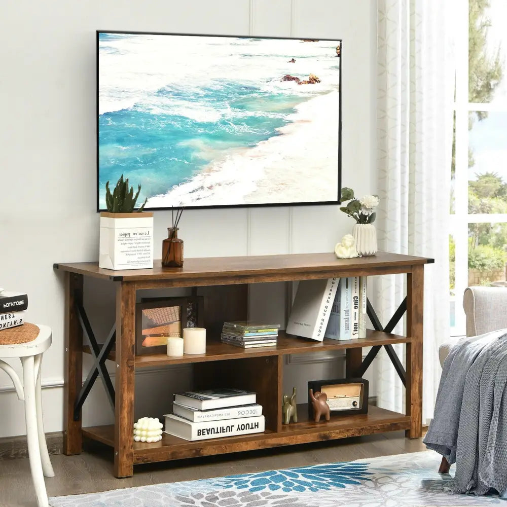 Modern Farmhouse TV Stand Entertainment Center for TV’s up to 55-Inch with Open Shelves-Brown - Brown - Entertainment