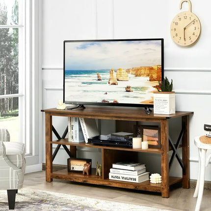 Modern Farmhouse TV Stand Entertainment Center for TV’s up to 55-Inch with Open Shelves-Brown - Brown - Entertainment