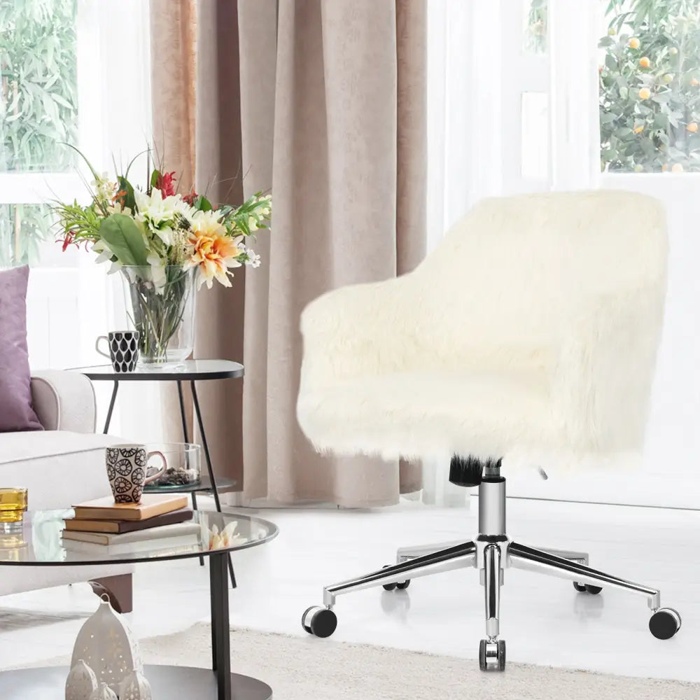 Modern Fluffy Faux Fur Vanity Office Chair for Teens Girls-Beige - Beige - Leisure Chairs