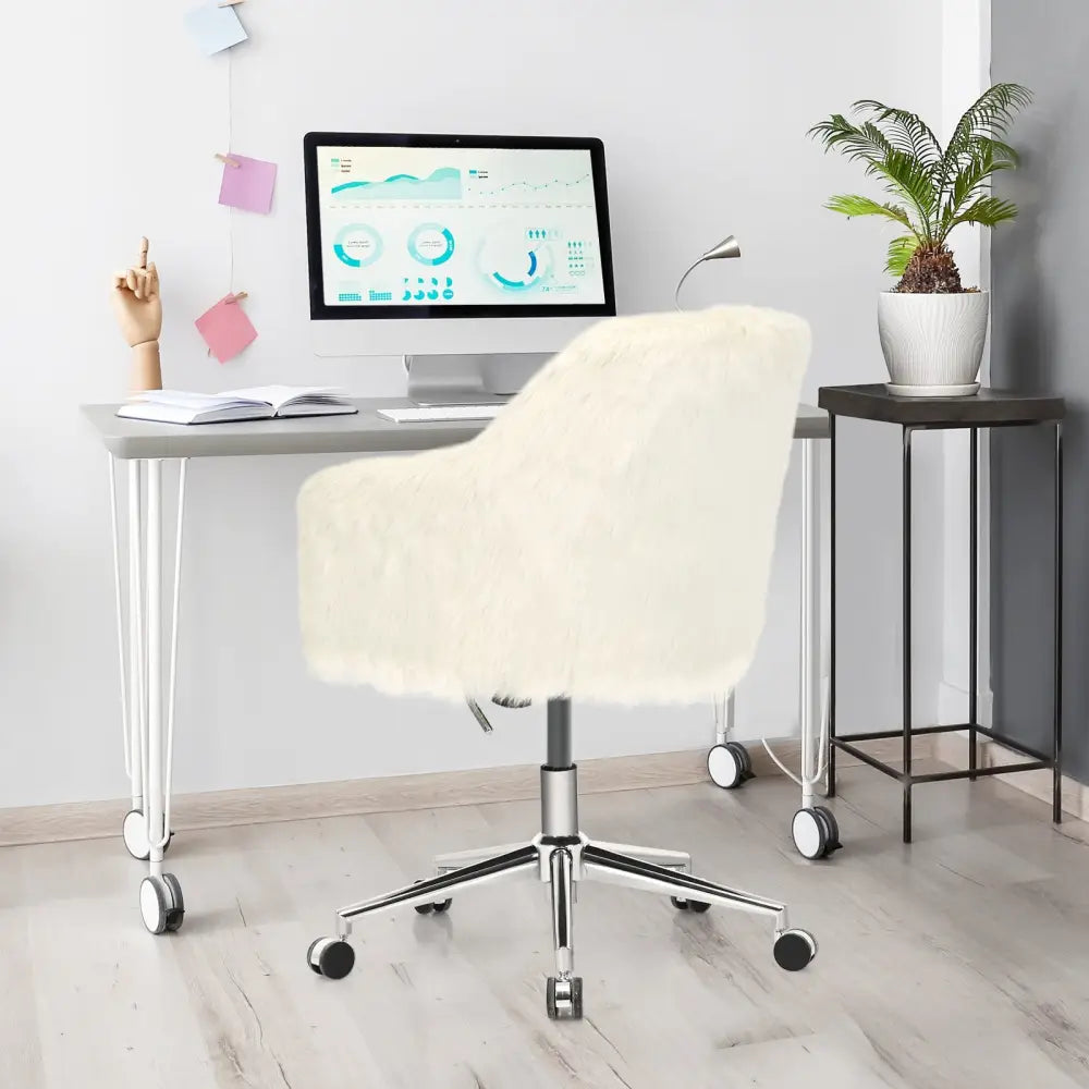 Modern Fluffy Faux Fur Vanity Office Chair for Teens Girls-Beige - Beige - Leisure Chairs