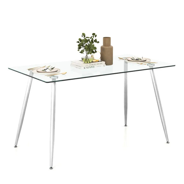 Modern Glass Rectangular Dining Table with Metal Legs-Silver - Silver - Dining Tables