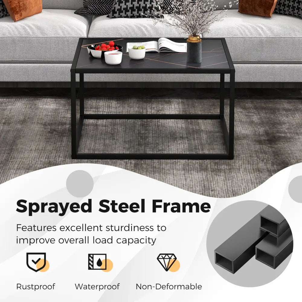 Modern Glass Square Coffee Table with Metal Frame for Living Room-Black - Black - Coffee Tables