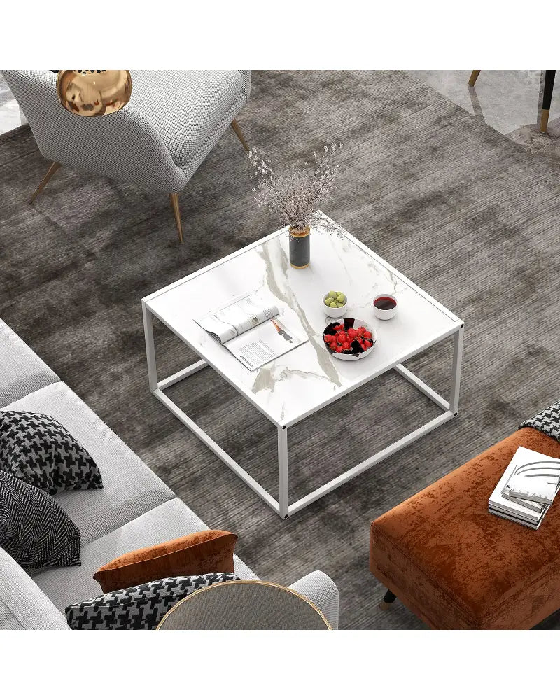 Modern Glass Square Coffee Table with Metal Frame for Living Room-White - White - Coffee Tables