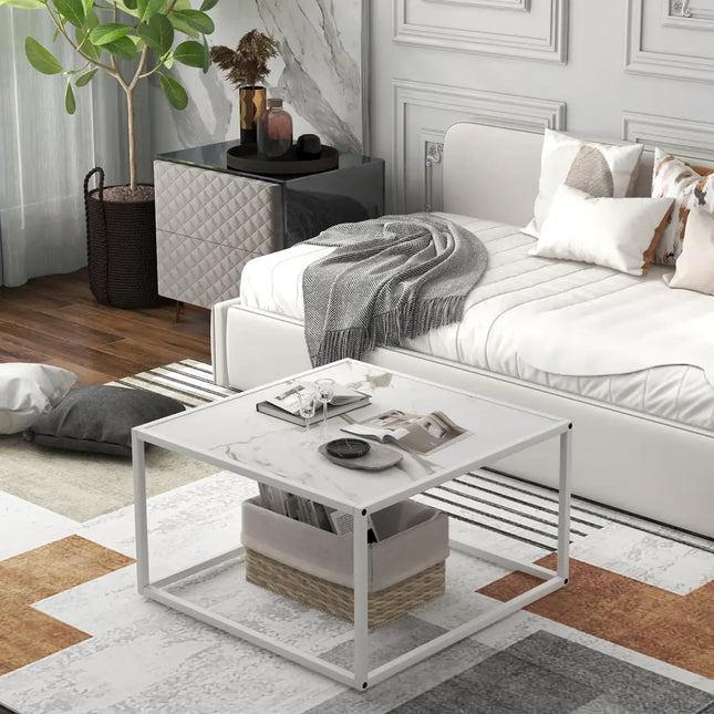 Modern Glass Square Coffee Table with Metal Frame for Living Room-White - White - Coffee Tables