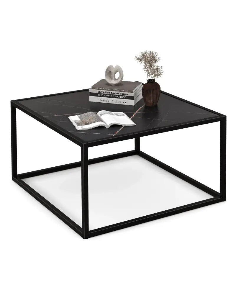 Modern Glass Square Coffee Table with Metal Frame for Living Room-Black - Black - Coffee Tables