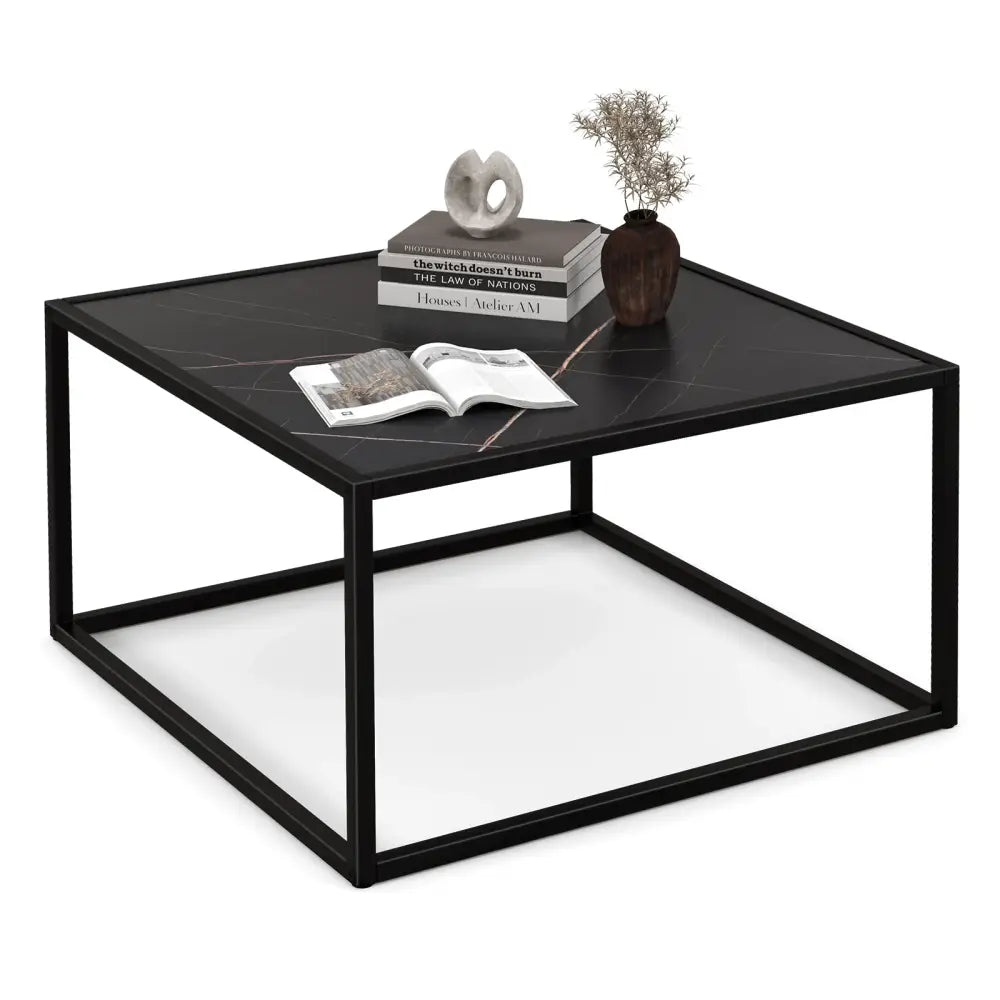 Modern Glass Square Coffee Table with Metal Frame for Living Room-Black - Black - Coffee Tables