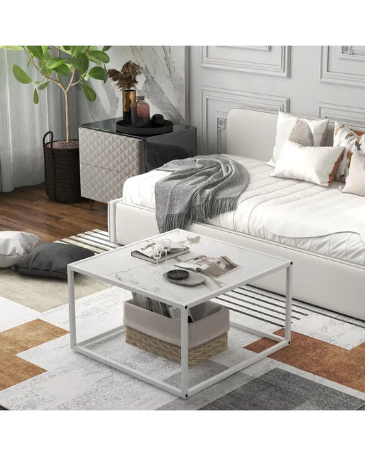 Modern Glass Square Coffee Table with Metal Frame for Living Room-White - White - Coffee Tables