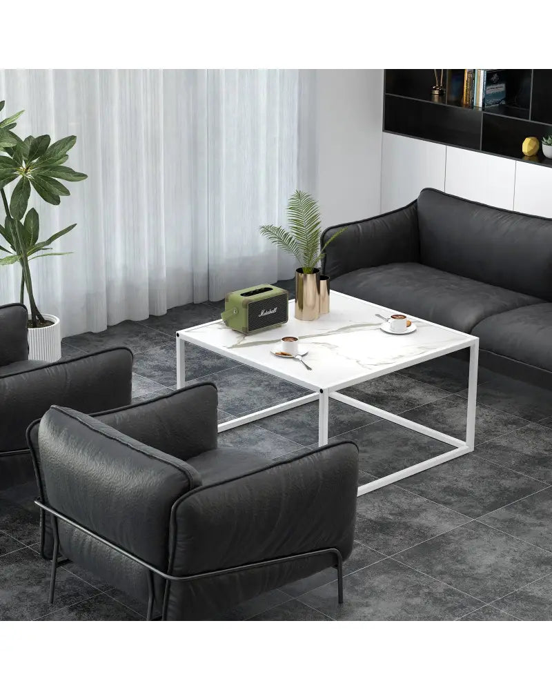Modern Glass Square Coffee Table with Metal Frame for Living Room-White - White - Coffee Tables