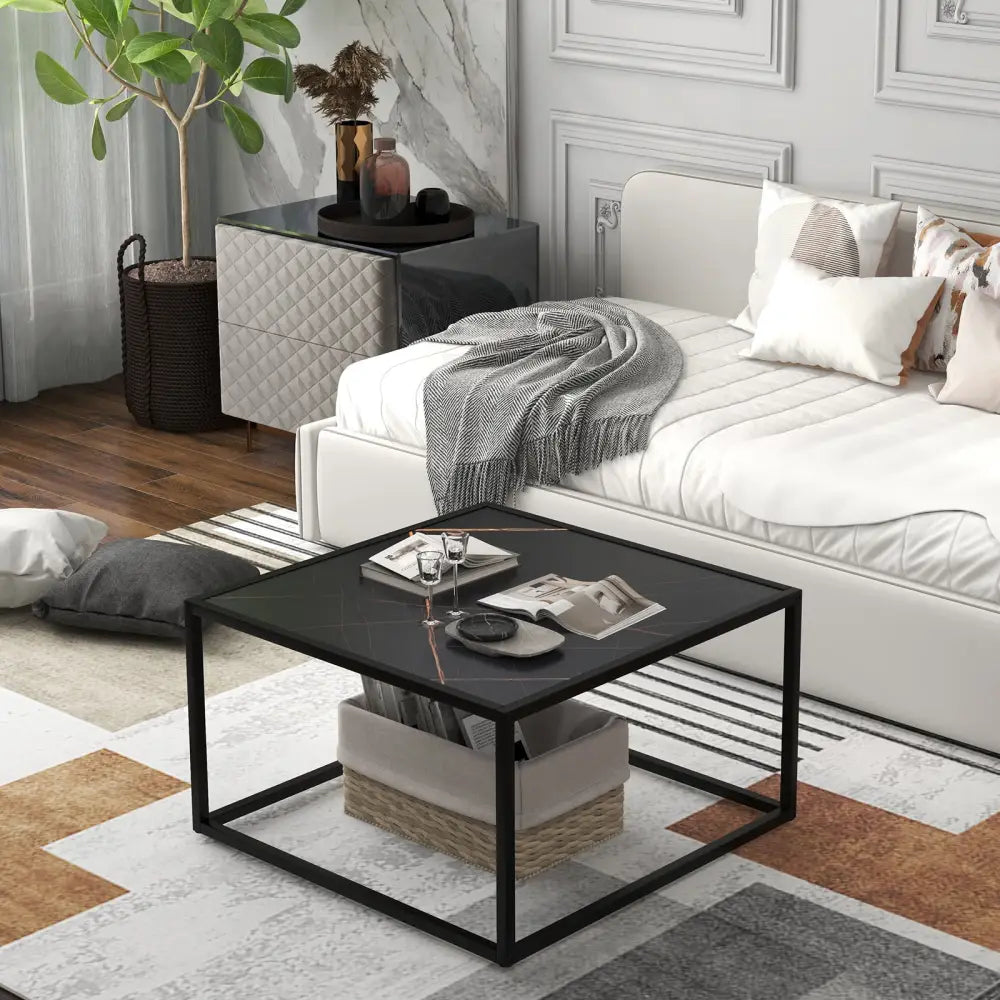 Modern Glass Square Coffee Table with Metal Frame for Living Room-Black - Black - Coffee Tables