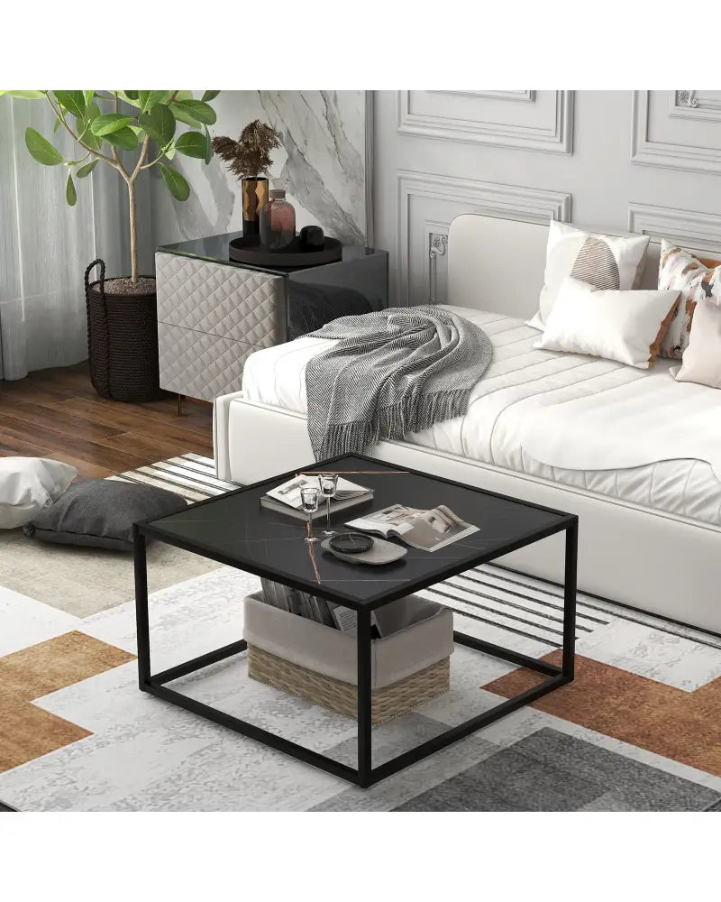 Modern Glass Square Coffee Table with Metal Frame for Living Room-Black - Black - Coffee Tables