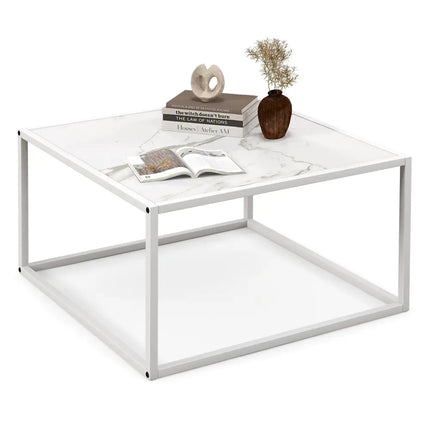 Modern Glass Square Coffee Table with Metal Frame for Living Room-White - White - Coffee Tables