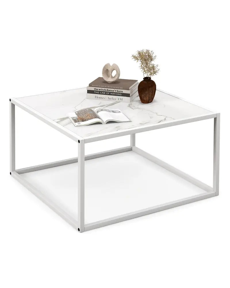 Modern Glass Square Coffee Table with Metal Frame for Living Room-White - White - Coffee Tables
