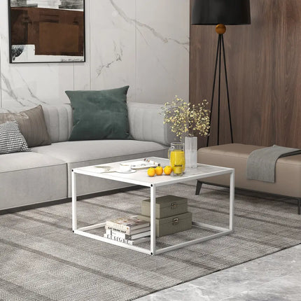 Modern Glass Square Coffee Table with Metal Frame for Living Room-White - White - Coffee Tables
