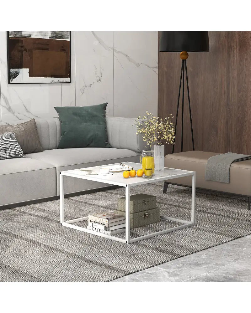 Modern Glass Square Coffee Table with Metal Frame for Living Room-White - White - Coffee Tables