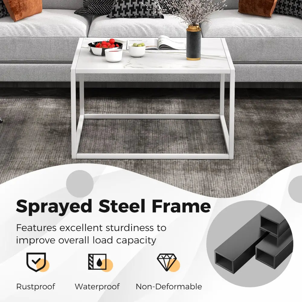 Modern Glass Square Coffee Table with Metal Frame for Living Room-White - White - Coffee Tables
