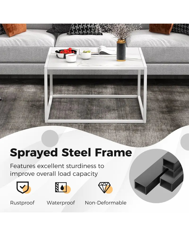 Modern Glass Square Coffee Table with Metal Frame for Living Room-White - White - Coffee Tables