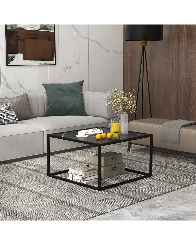 Modern Glass Square Coffee Table with Metal Frame for Living Room-Black - Black - Coffee Tables