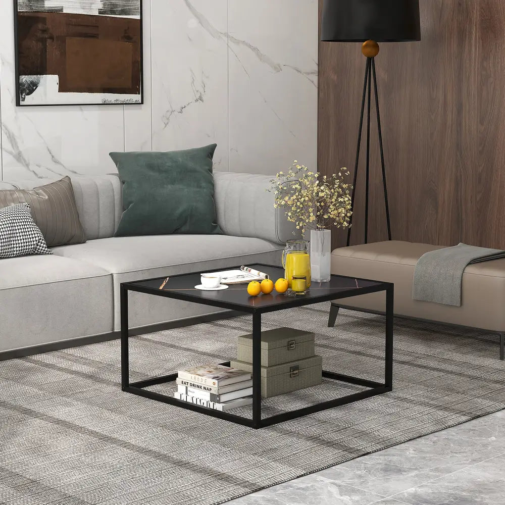 Modern Glass Square Coffee Table with Metal Frame for Living Room-Black - Black - Coffee Tables