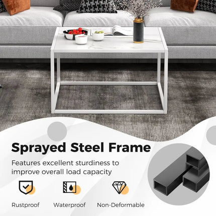 Modern Glass Square Coffee Table with Metal Frame for Living Room-White - White - Coffee Tables