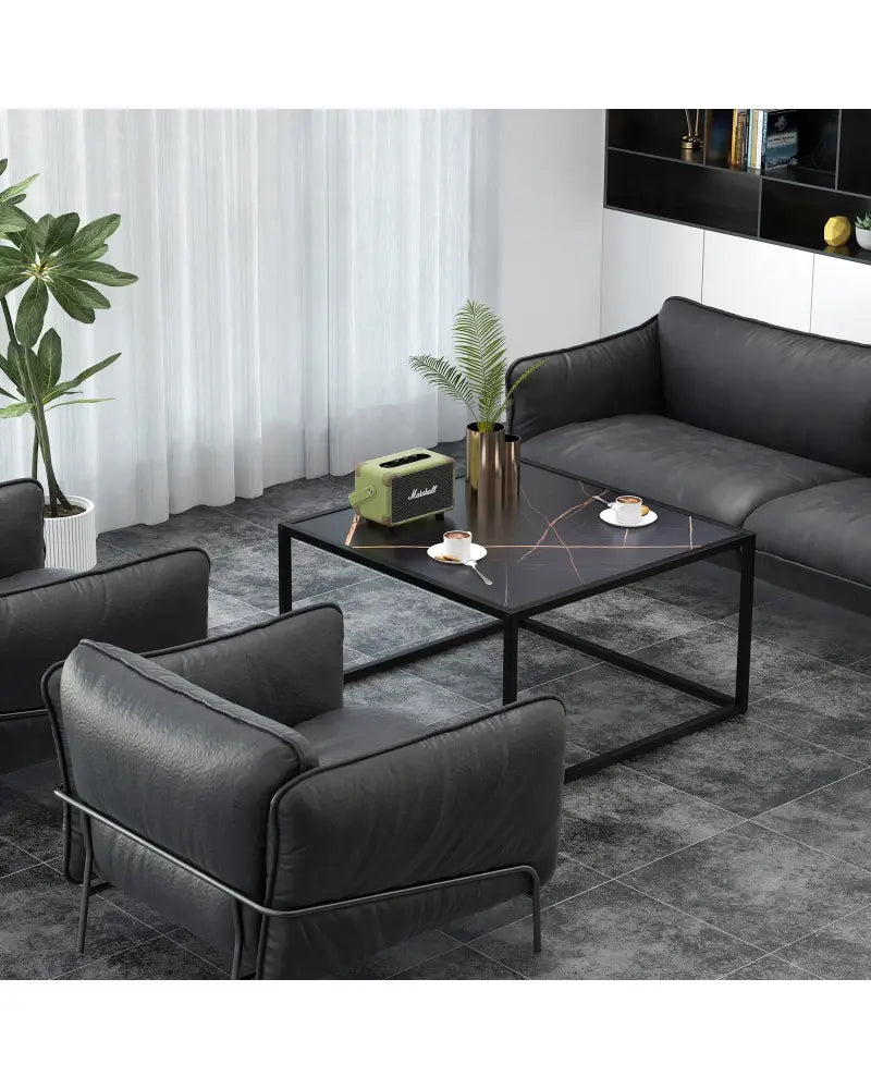 Modern Glass Square Coffee Table with Metal Frame for Living Room-Black - Black - Coffee Tables