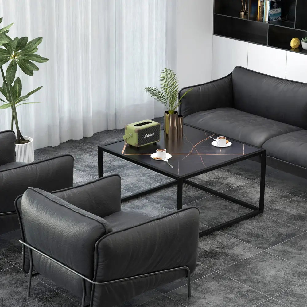 Modern Glass Square Coffee Table with Metal Frame for Living Room-Black - Black - Coffee Tables