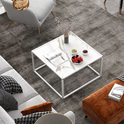 Modern Glass Square Coffee Table with Metal Frame for Living Room-White - White - Coffee Tables