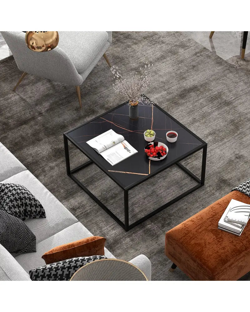 Modern Glass Square Coffee Table with Metal Frame for Living Room-Black - Black - Coffee Tables