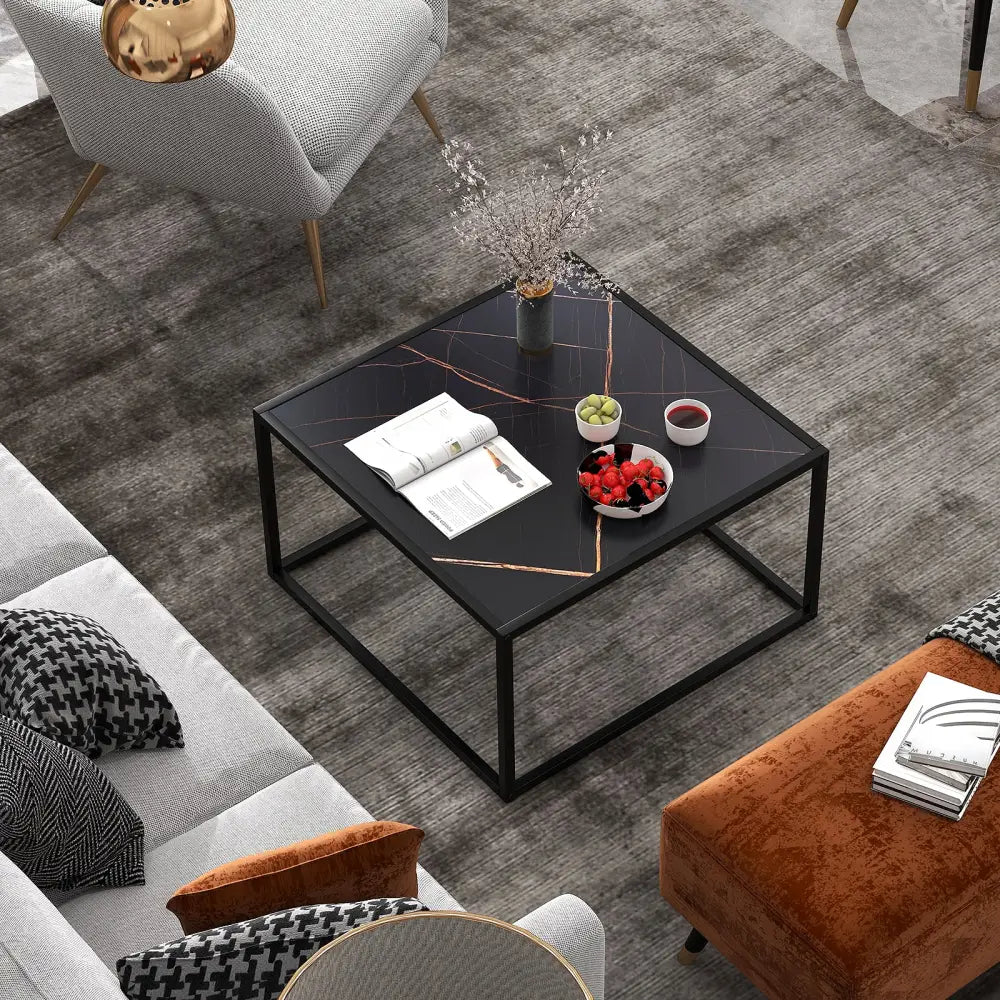 Modern Glass Square Coffee Table with Metal Frame for Living Room-Black - Black - Coffee Tables