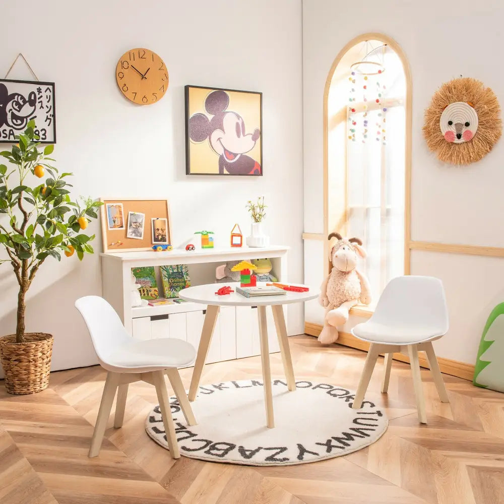 Modern Kids Activity Play Table and 2 Chairs Set with Beech Leg Cushion-White - White - Kids Table & Chair Sets