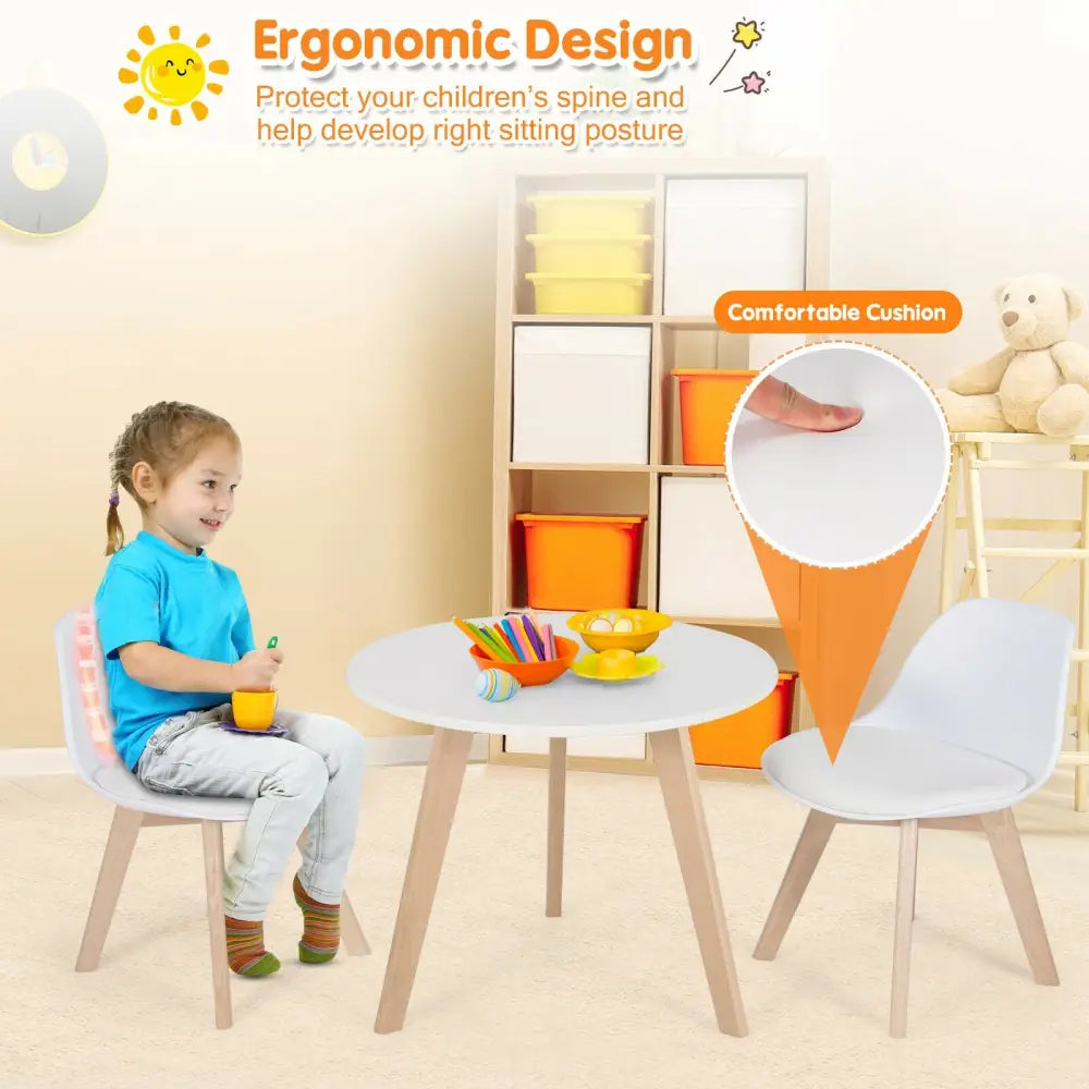 Modern Kids Activity Play Table and 2 Chairs Set with Beech Leg Cushion-White - White - Kids Table & Chair Sets