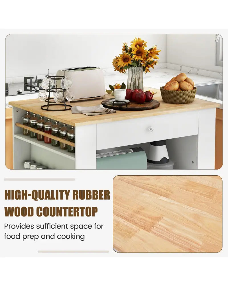 Modern Kitchen Island with Rubber Wood Countertop and Storage-White - White - Kitchen Islands & Carts