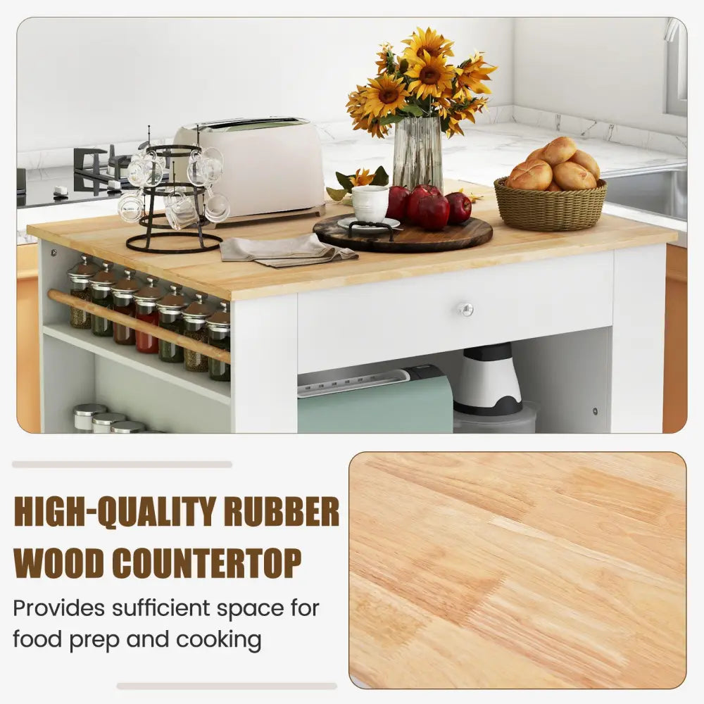 Modern Kitchen Island with Rubber Wood Countertop and Storage-White - White - Kitchen Islands & Carts