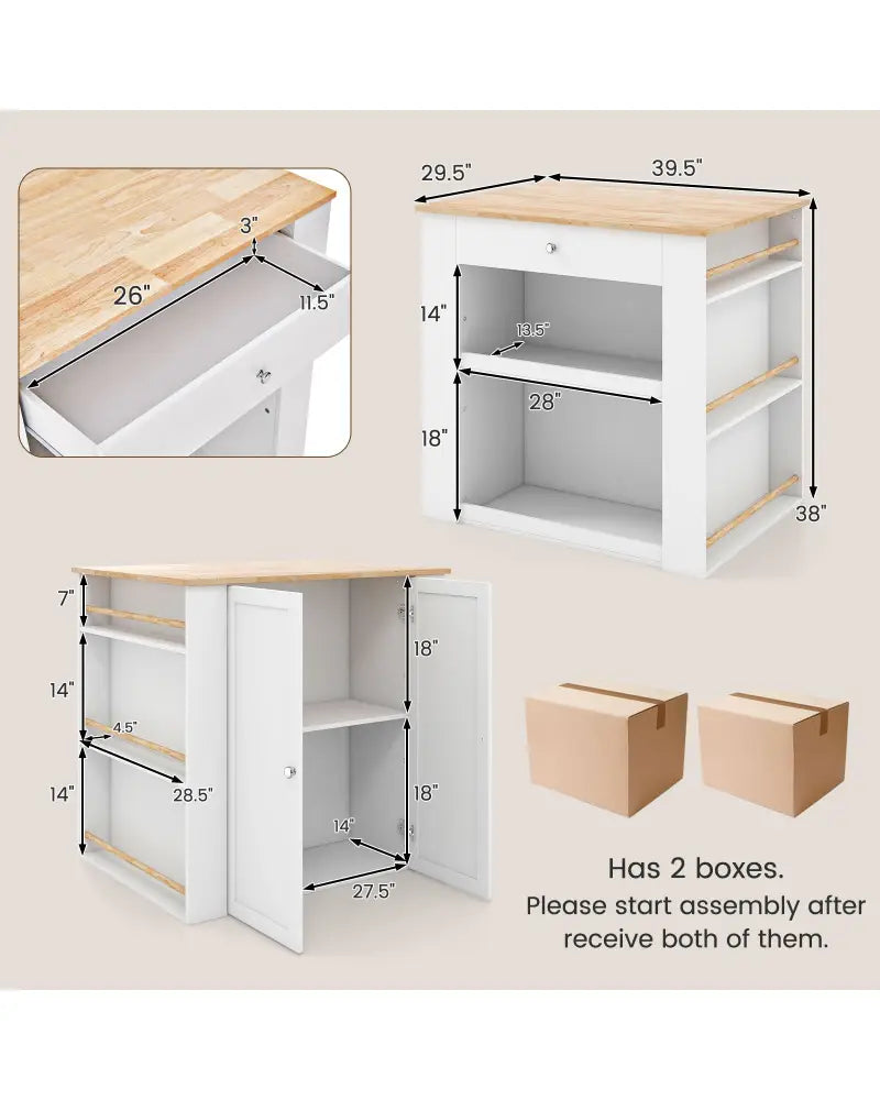 Modern Kitchen Island with Rubber Wood Countertop and Storage-White - White - Kitchen Islands & Carts