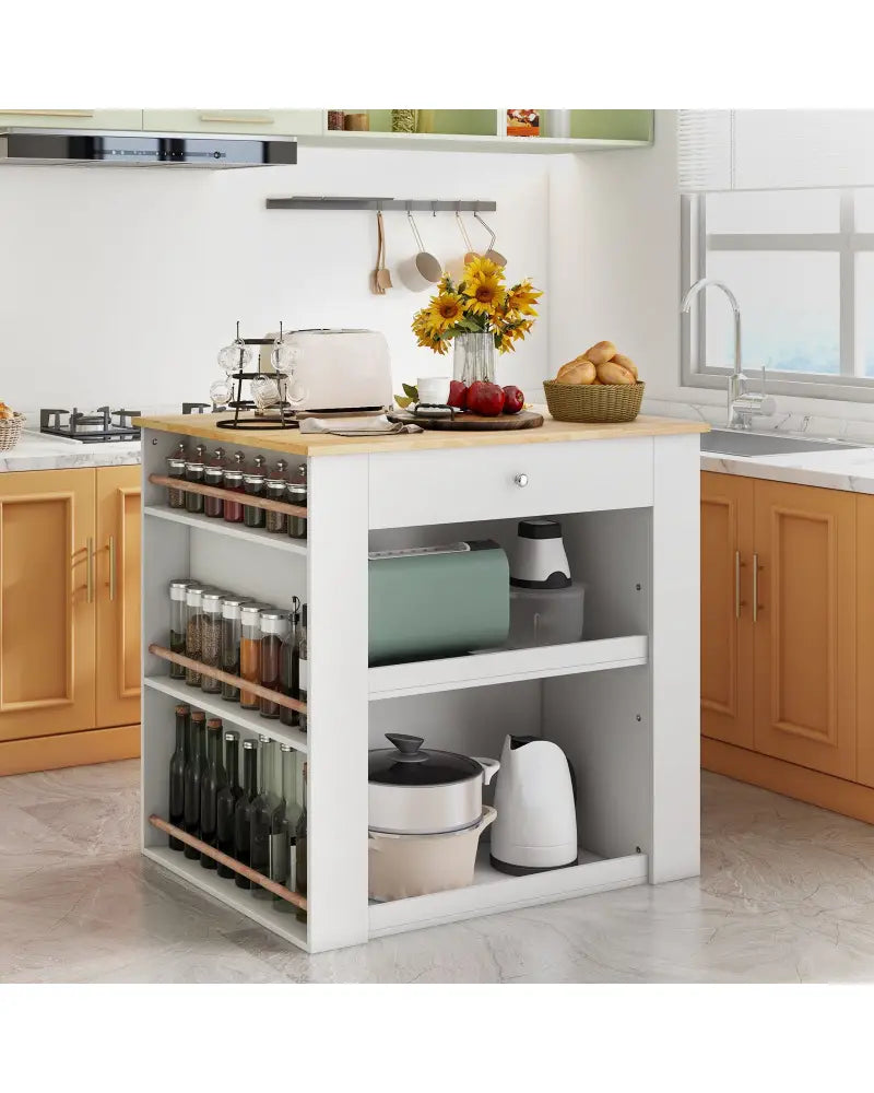 Modern Kitchen Island with Rubber Wood Countertop and Storage-White - White - Kitchen Islands & Carts