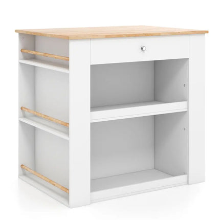 Modern Kitchen Island with Rubber Wood Countertop and Storage-White - White - Kitchen Islands & Carts