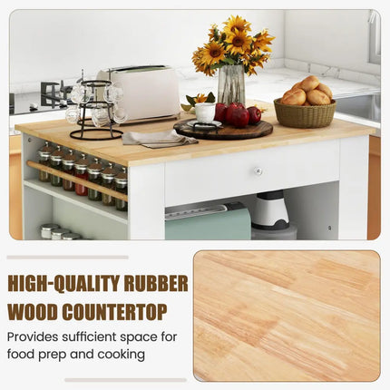Modern Kitchen Island with Rubber Wood Countertop and Storage-White - White - Kitchen Islands & Carts