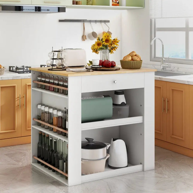 Modern Kitchen Island with Rubber Wood Countertop and Storage-White - White - Kitchen Islands & Carts