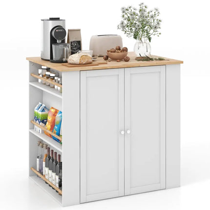 Modern Kitchen Island with Rubber Wood Countertop and Storage-White - White - Kitchen Islands & Carts