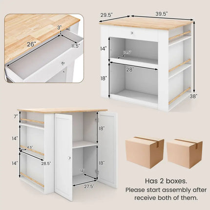 Modern Kitchen Island with Rubber Wood Countertop and Storage-White - White - Kitchen Islands & Carts