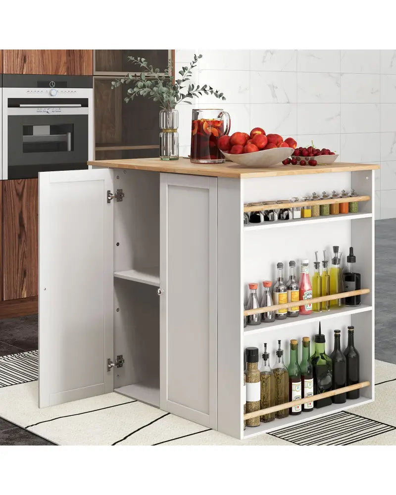 Modern Kitchen Island with Rubber Wood Countertop and Storage-White - White - Kitchen Islands & Carts
