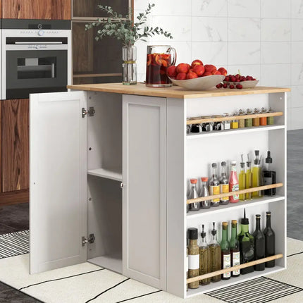 Modern Kitchen Island with Rubber Wood Countertop and Storage-White - White - Kitchen Islands & Carts