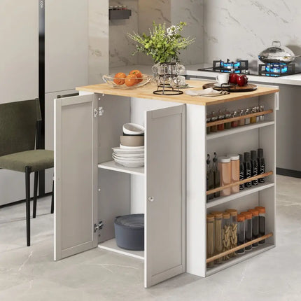 Modern Kitchen Island with Rubber Wood Countertop and Storage-White - White - Kitchen Islands & Carts