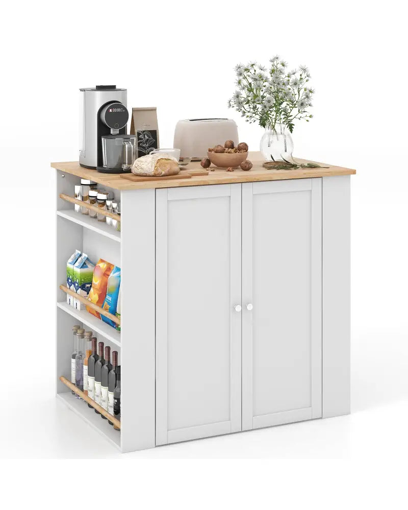 Modern Kitchen Island with Rubber Wood Countertop and Storage-White - White - Kitchen Islands & Carts