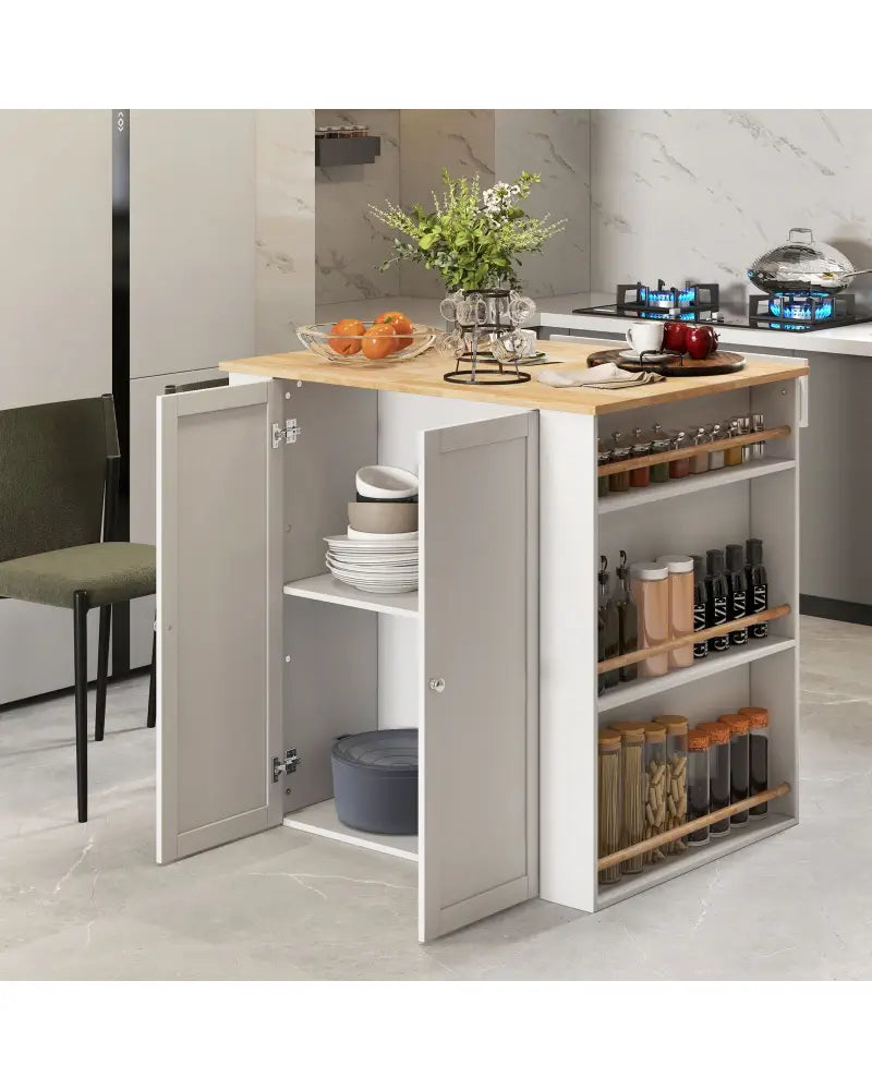 Modern Kitchen Island with Rubber Wood Countertop and Storage-White - White - Kitchen Islands & Carts