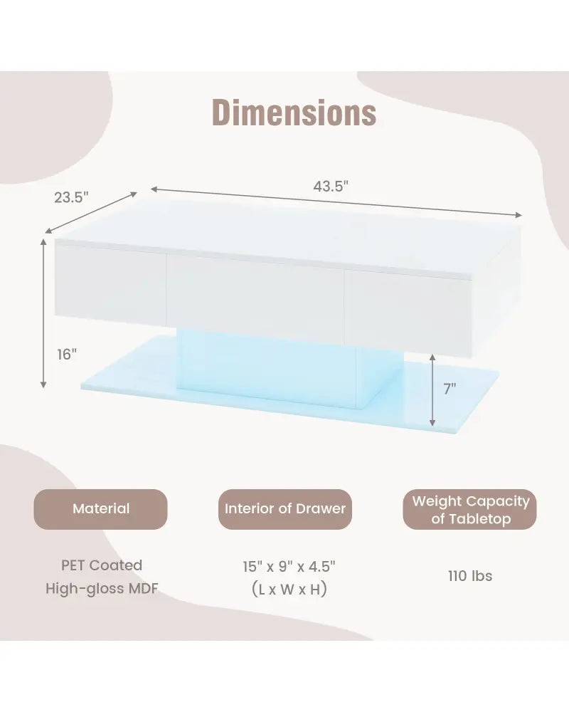 Modern LED Coffee Table with 20 Color LED Lights and 2 Storage Drawers-White - White - Coffee Tables
