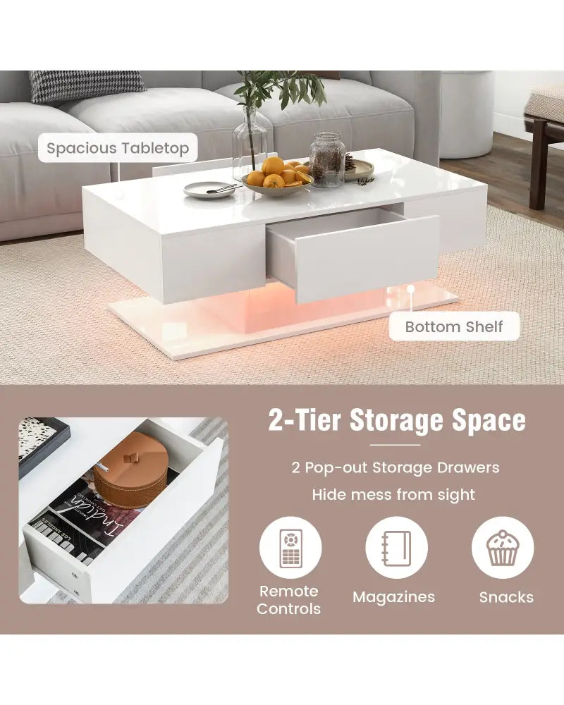 Modern LED Coffee Table with 20 Color LED Lights and 2 Storage Drawers-White - White - Coffee Tables