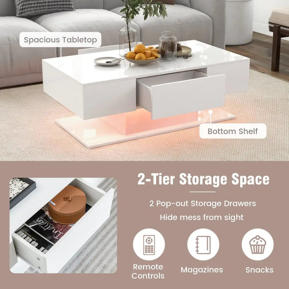 Modern LED Coffee Table with 20 Color LED Lights and 2 Storage Drawers-White - White - Coffee Tables