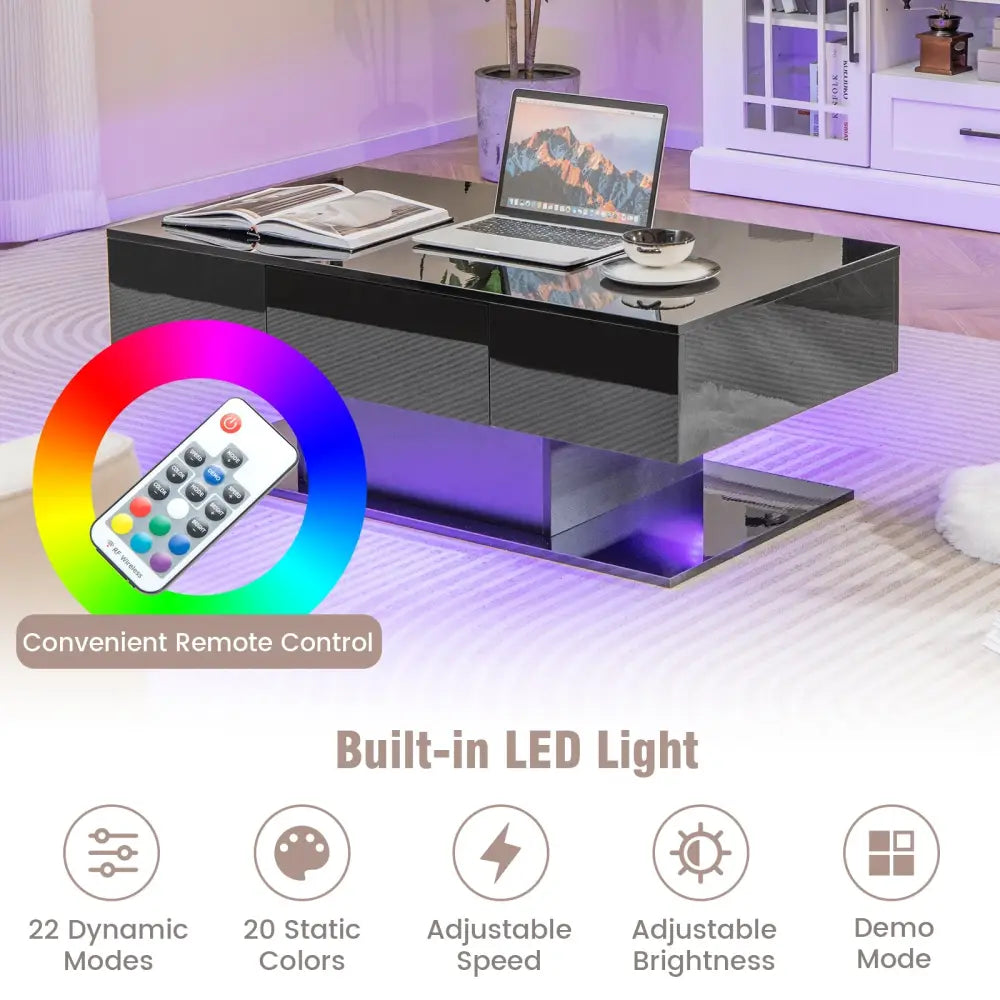Modern LED Coffee Table with 20 Color LED Lights and 2 Storage Drawers-Black - Black - Coffee Tables